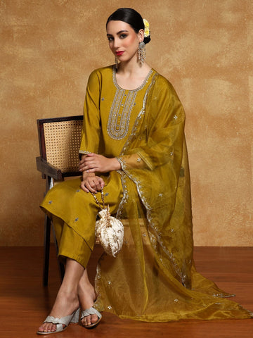Varanga Women-Zari Embroidered Yoke Kurta With Trouser & Dupatta